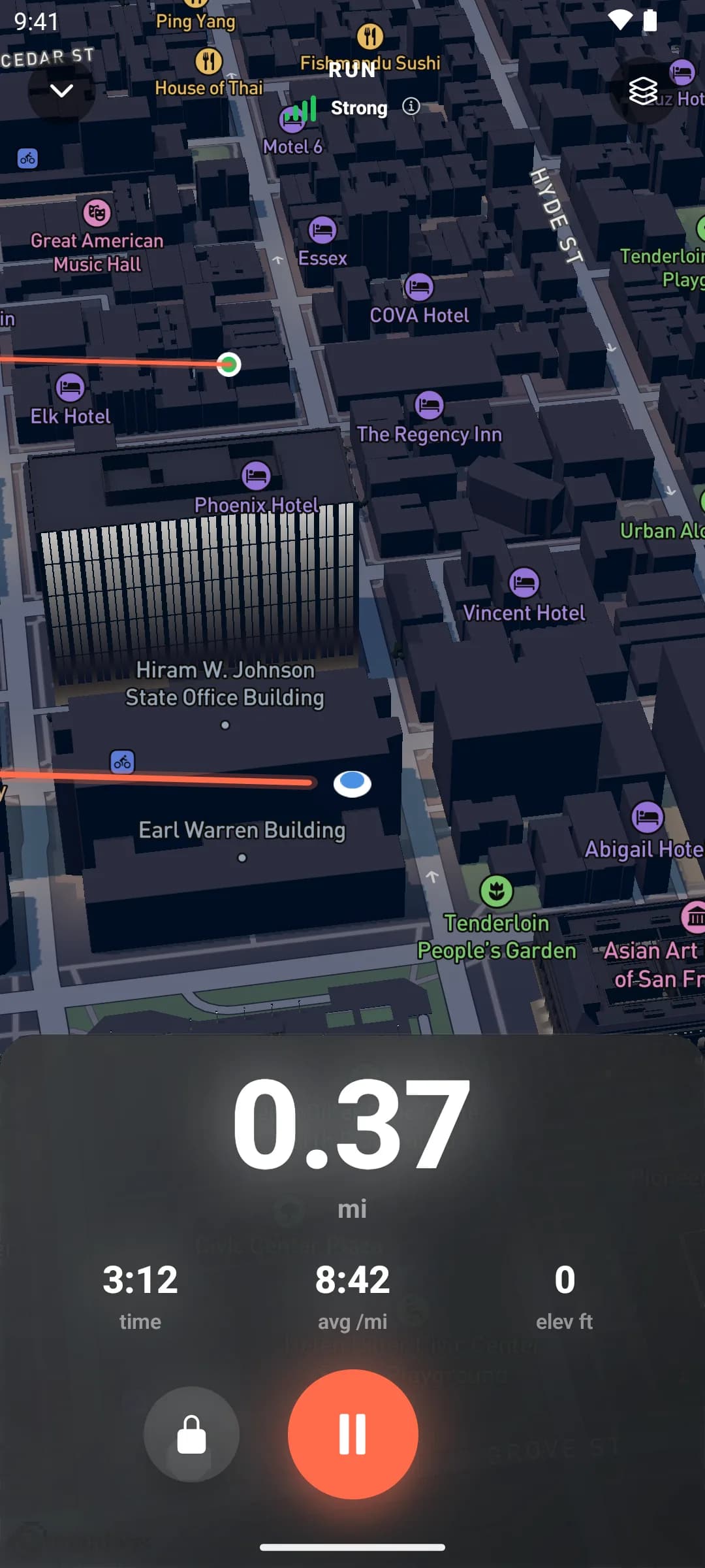Activity workspace live recorder: GPS route on a map with pace and distance stats