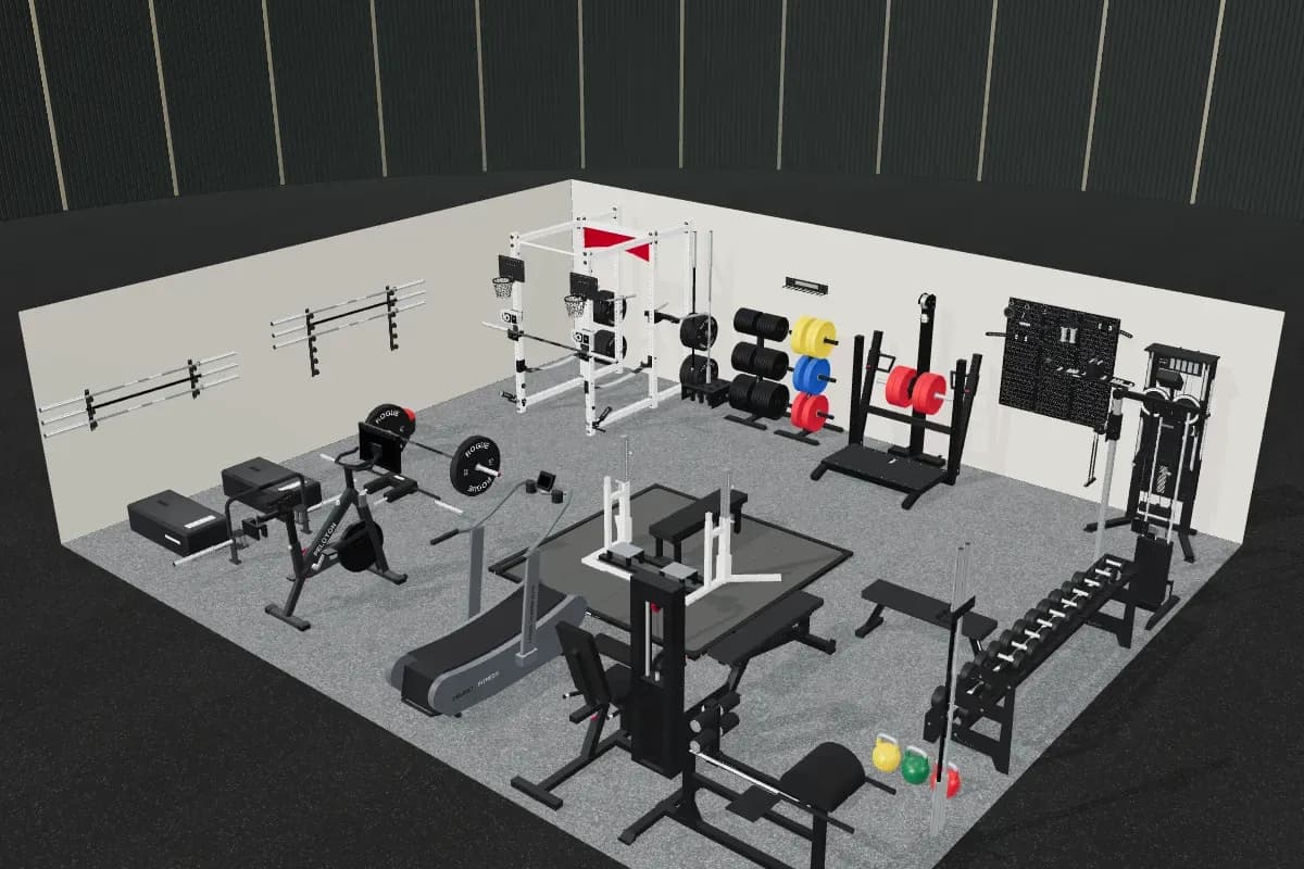 The same gym as a 3D render: the white six-post rack against the back wall, plate trees, a combo rack on a platform, a curved treadmill and a long dumbbell rack on grey flooring