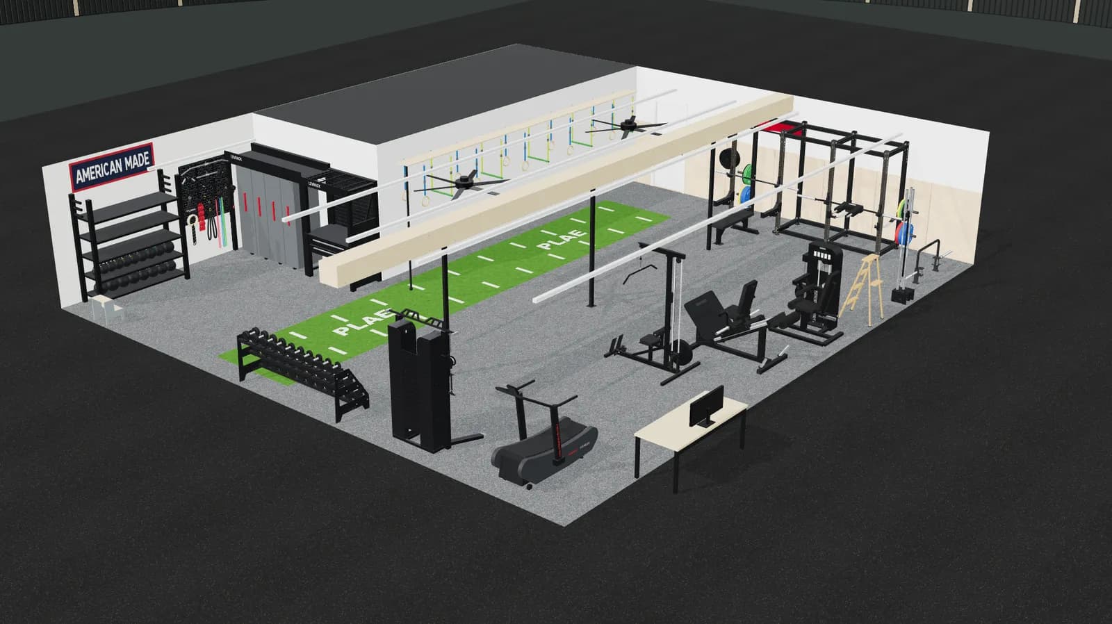A 3D render of a large basement gym: a green PLAE turf lane beneath a line of monkey bars and rings, a long wooden beam, ceiling fans, a three-bay black rig on the far wall, machines, a curved treadmill, storage shelving under an American Made banner and a desk in the foreground