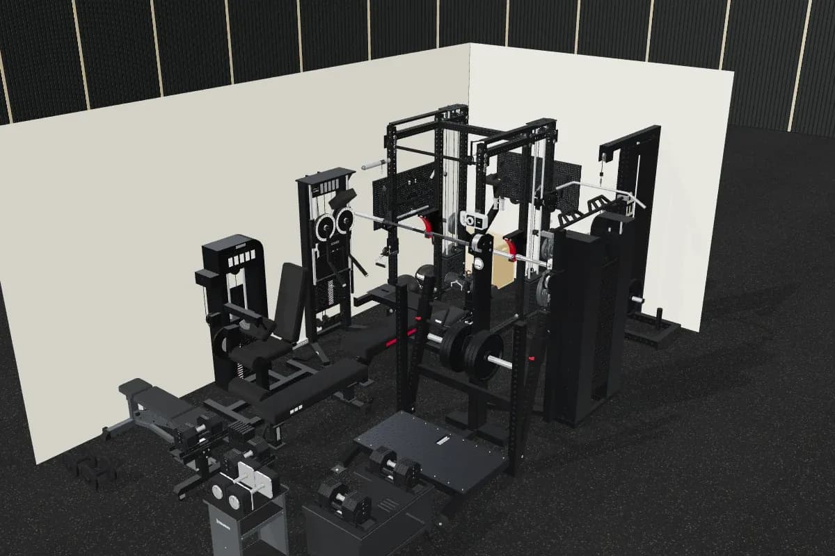Cable Compound rendered in 3D: a garage bay packed with black cable crossover rigs, weight stacks and a belt squat
