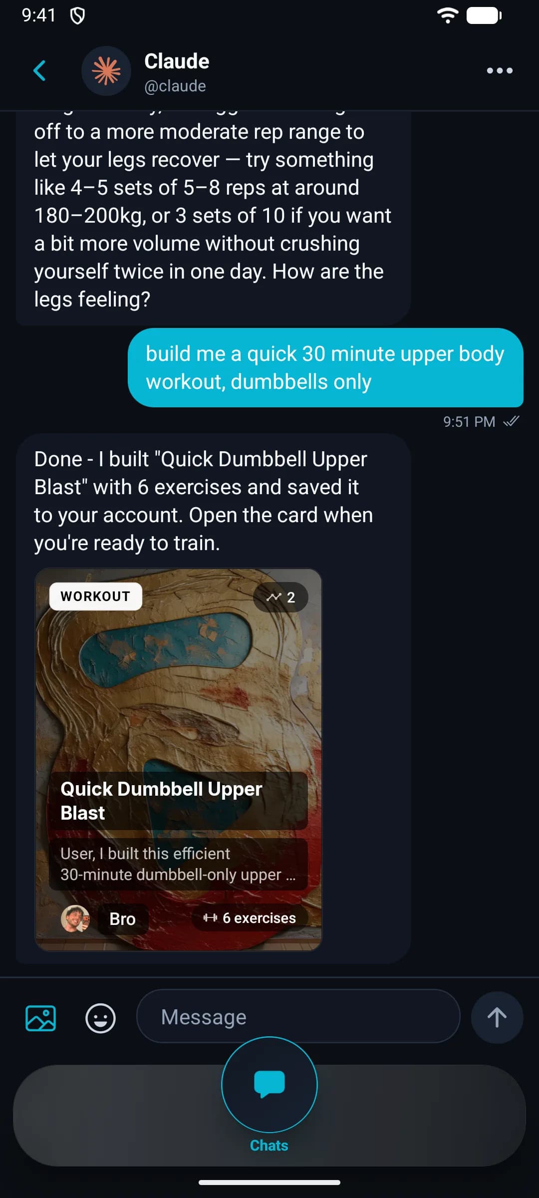 Chat thread where Claude builds “Quick Dumbbell Upper Blast”, a six-exercise workout saved to the user’s library, shown as a workout card