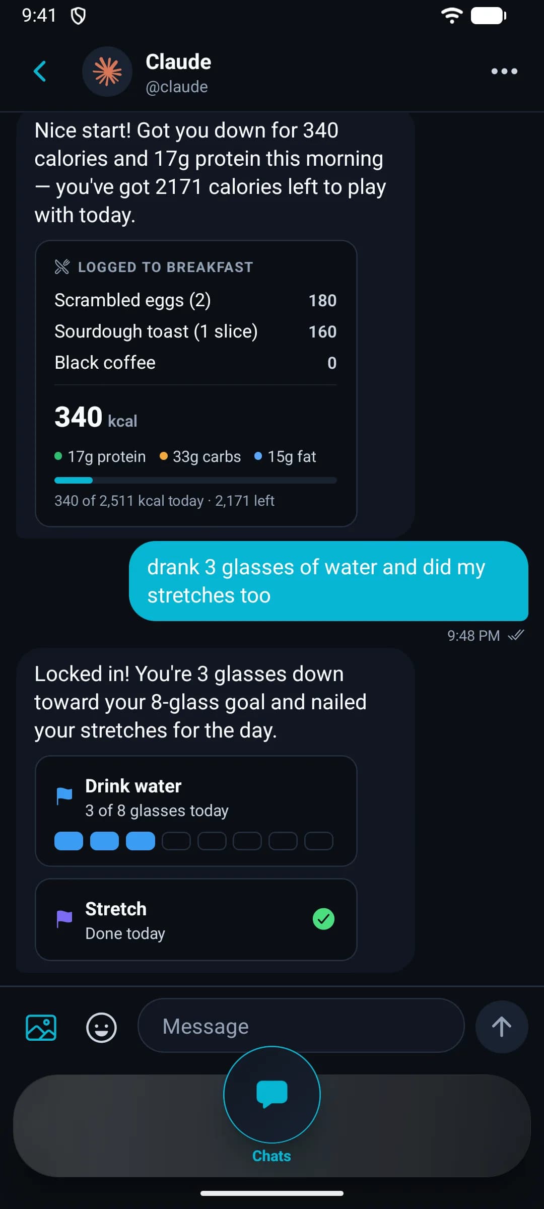 Chat thread with Claude: a food card logging scrambled eggs, sourdough toast, and black coffee with macros, plus goal cards for water and stretching