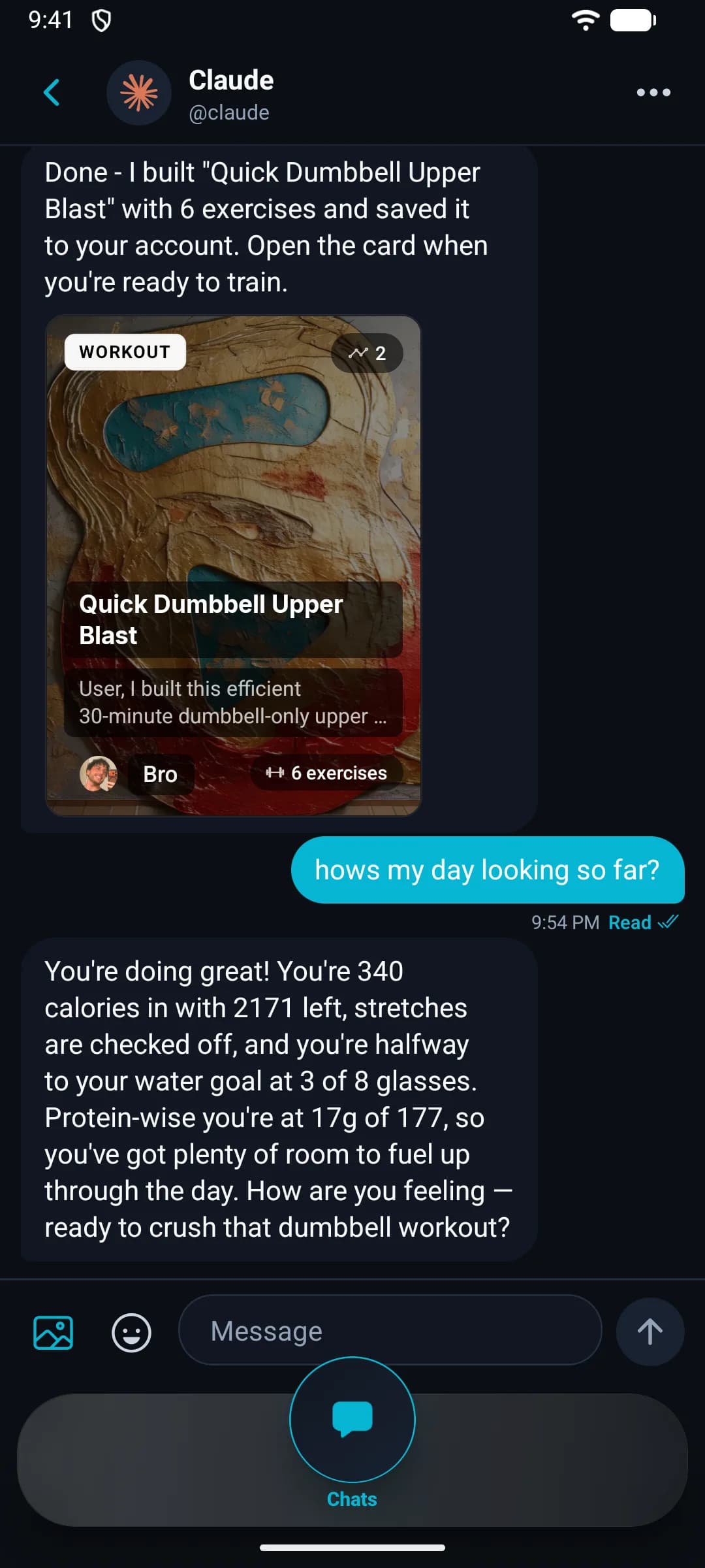 Chat thread where Claude answers “how’s my day looking so far?” with real totals: calories eaten and left, water progress, and protein against target