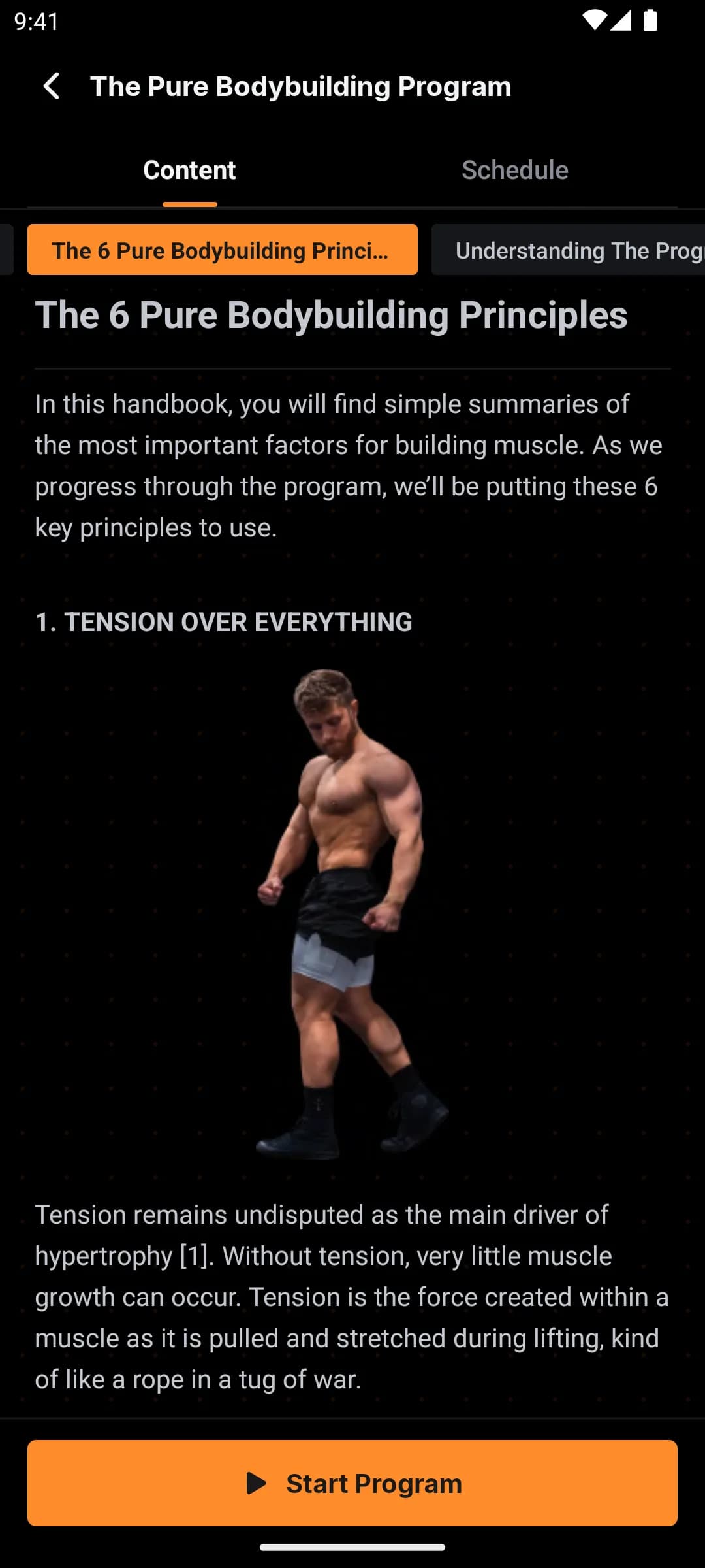 The Hypertrophy Handbook inside the app, open on The 6 Pure Bodybuilding Principles page: “1. Tension over everything” with Jeff’s photo