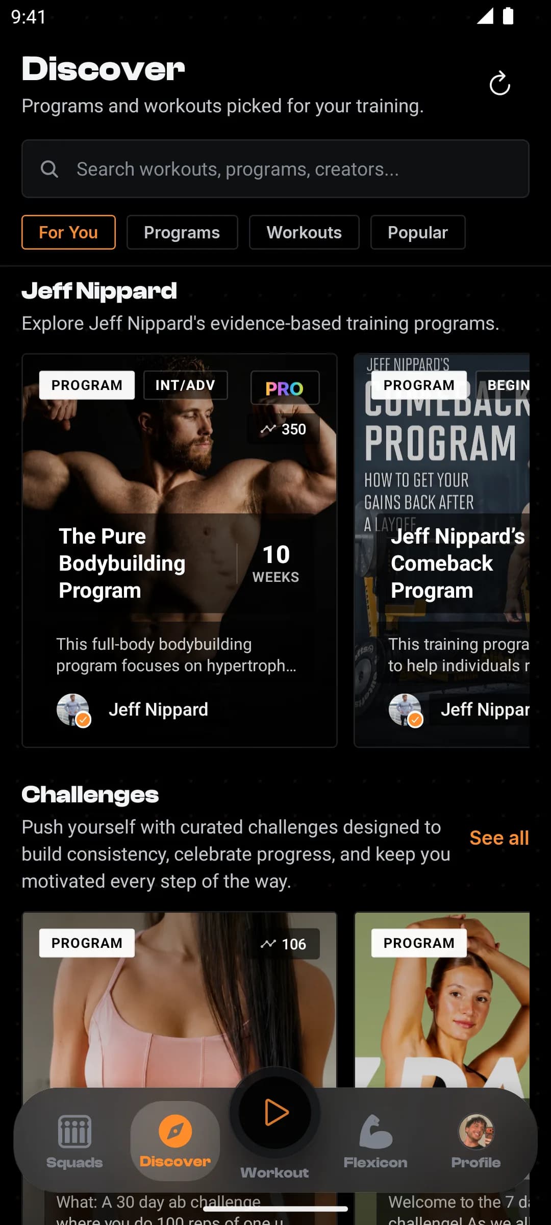 The JustGains Discover feed with a dedicated Jeff Nippard row showing The Pure Bodybuilding Program and the Comeback Program