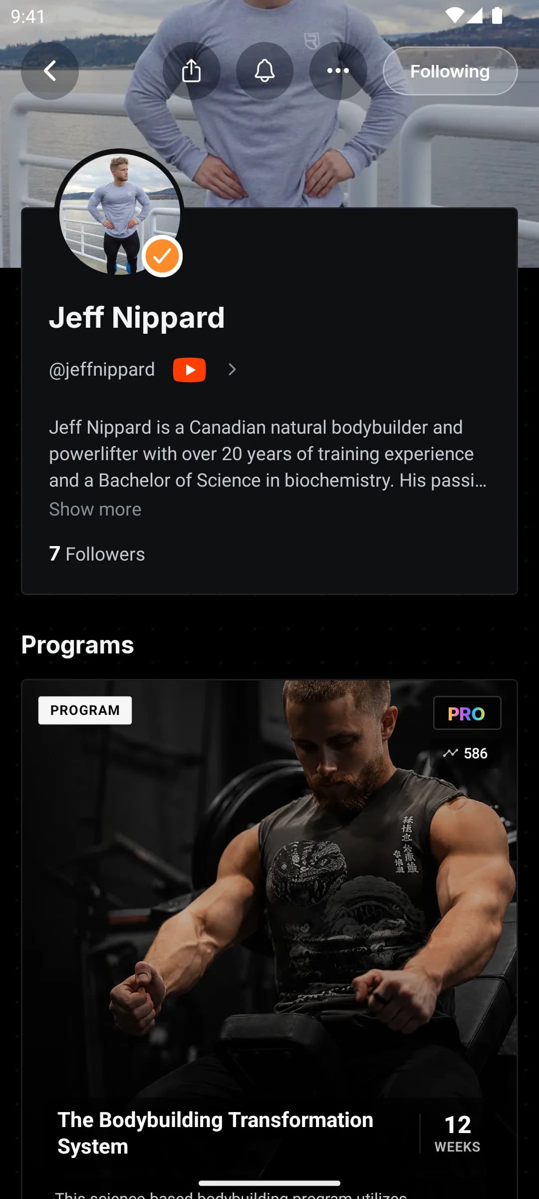 Jeff Nippard’s verified creator profile in JustGains with his bio, YouTube link, and Programs shelf
