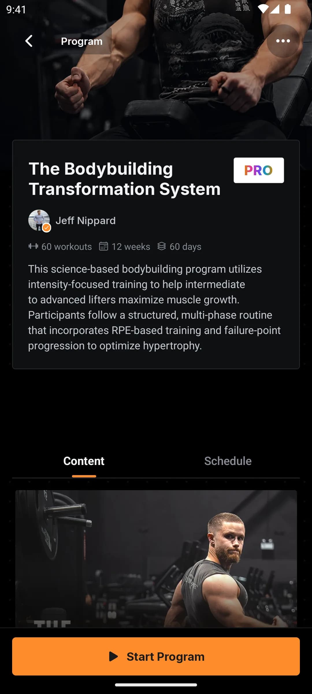 Workout workspace: a Jeff Nippard training program as structured, trackable weeks in the JustGains app