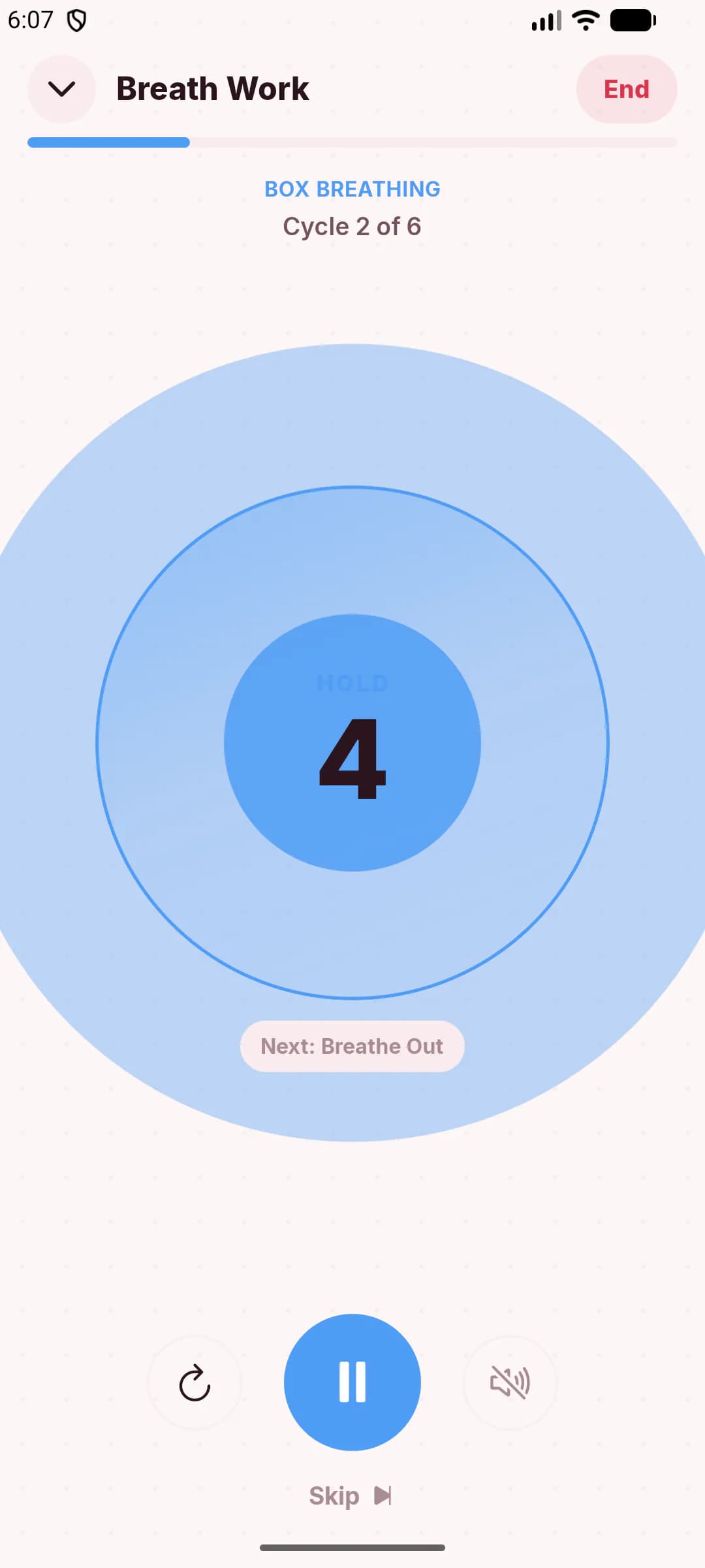 JustGains Breath Work session in progress showing the breathing circle holding for a 4 count during box breathing