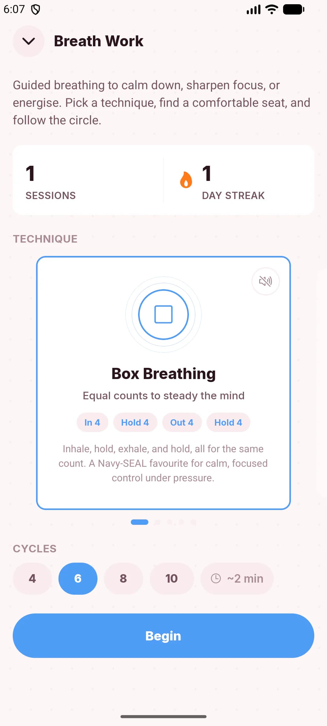 JustGains Breath Work technique picker showing the Box Breathing card with its In 4, Hold 4, Out 4, Hold 4 rhythm and cycle options