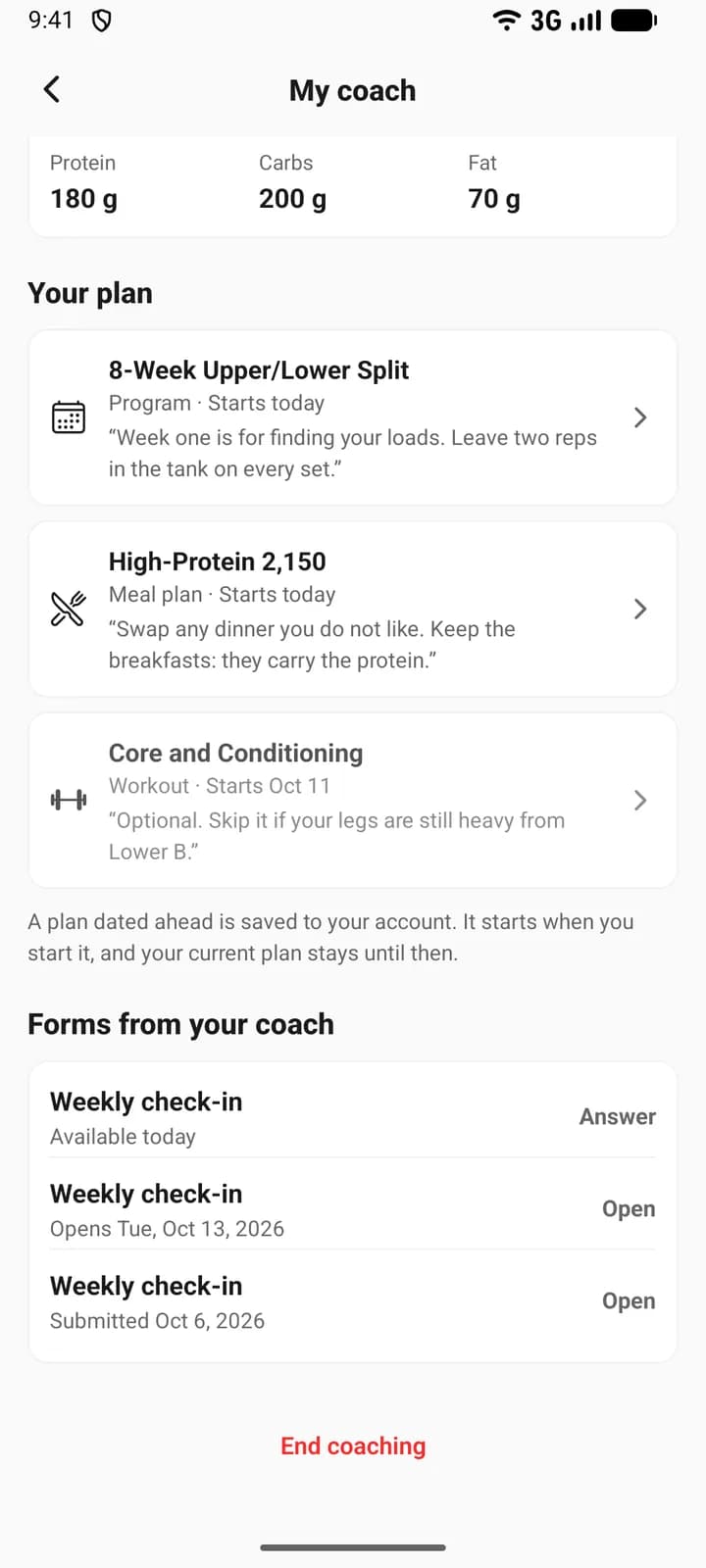Further down My coach on a phone: Your plan with a program, a meal plan and a workout, then Forms from your coach, with End coaching at the bottom.