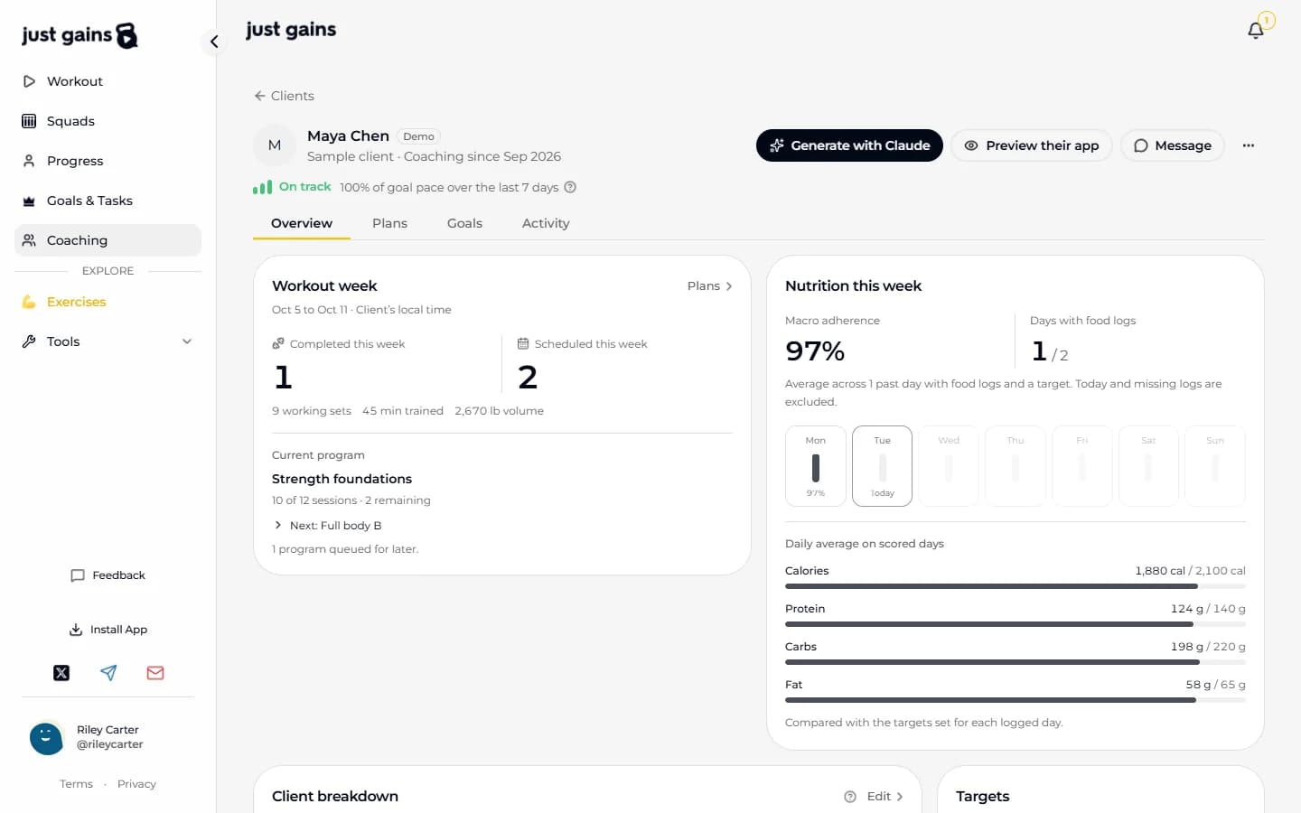A client page in the JustGains coach panel on the web, with the Overview, Plans, Goals and Activity sections.