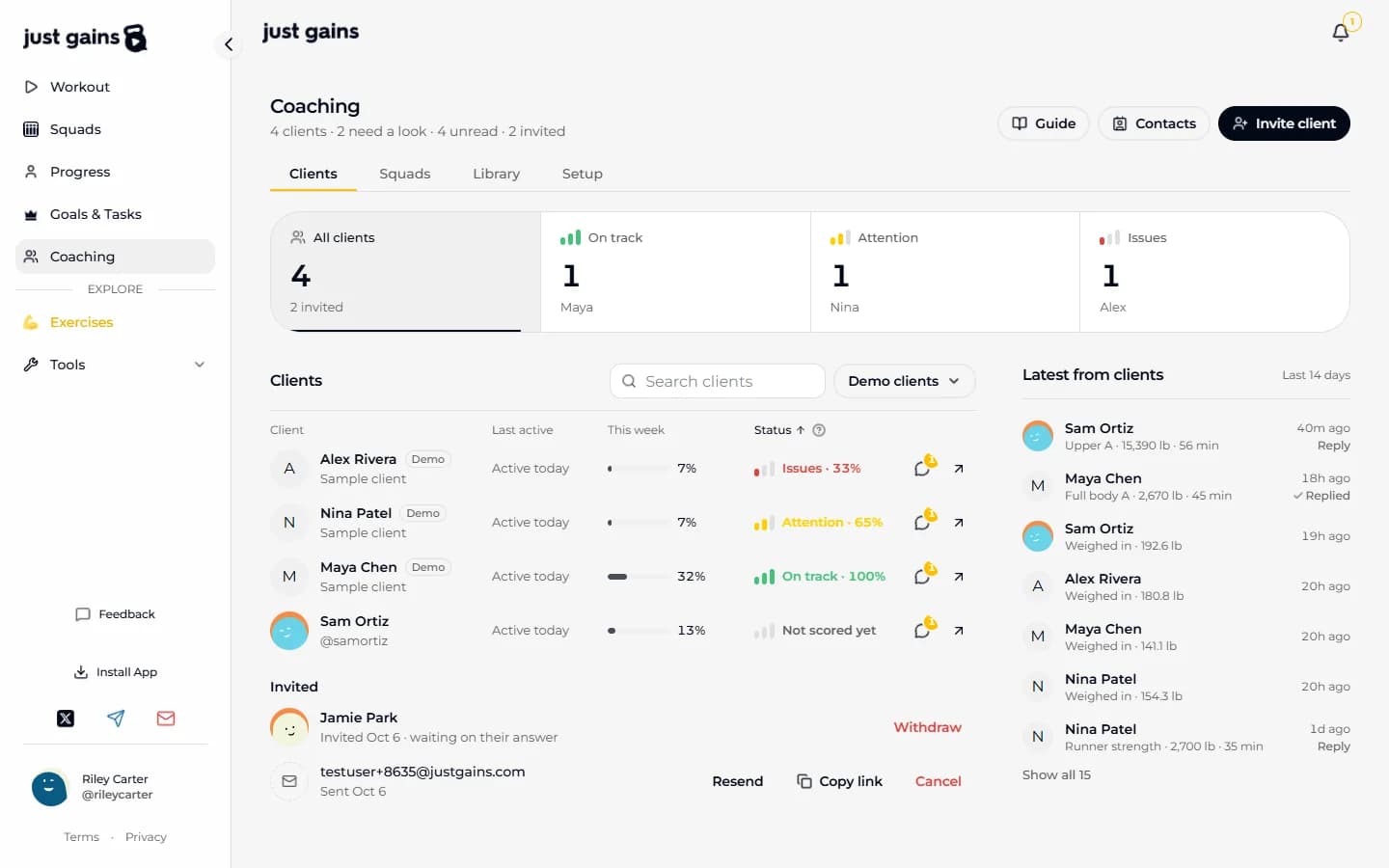 The Clients tab of the JustGains coach panel on the web: a band counting clients On track, Attention and Issues, the roster with Issues first, and the latest sessions from clients.