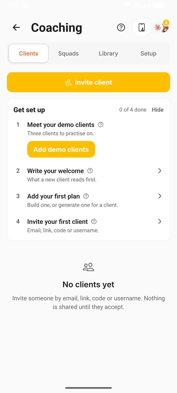 The Get set up card on a phone, at the top of Clients in Coaching, with four steps and the Add demo clients button on the first.