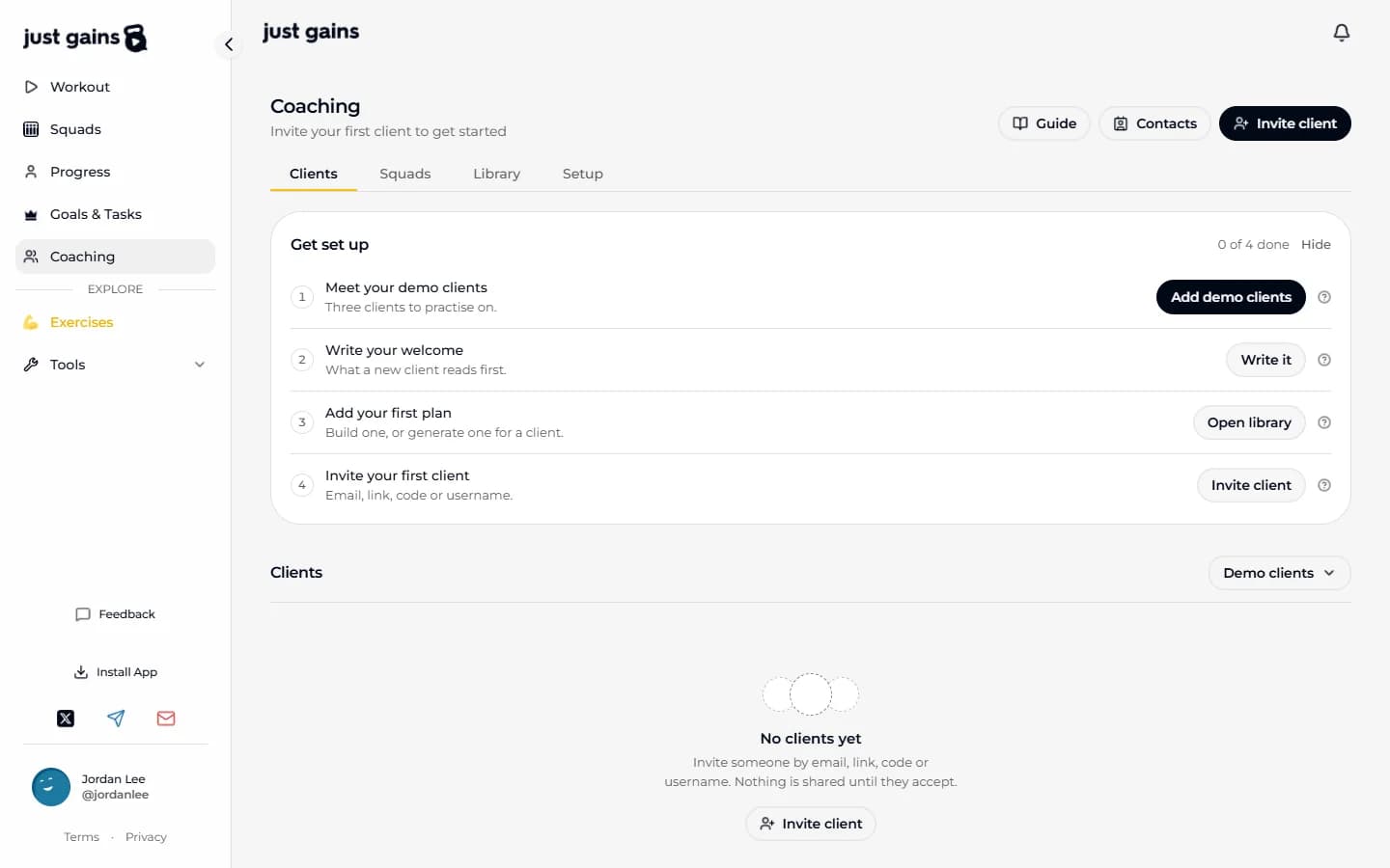 The Clients tab of a new coach account: the Get set up card with four numbered steps and an Add demo clients button, above an empty roster that says No clients yet.