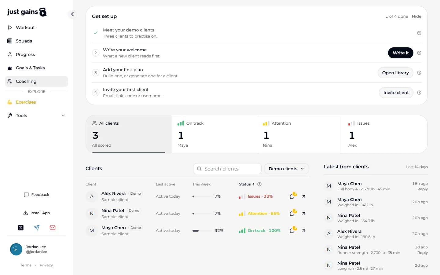 The Clients tab after the first step: Alex Rivera on Issues, Nina Patel on Attention and Maya Chen on track, each tagged Demo, with the status counts above them and Get set up showing 1 of 4 done.