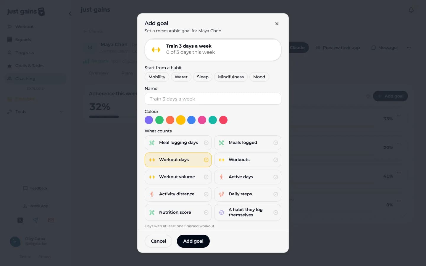 The Add goal form for Maya Chen on the web, with a preview of the goal card, the Start from a habit chips and the What counts picker showing all ten choices, with a line under it saying what the chosen one counts.