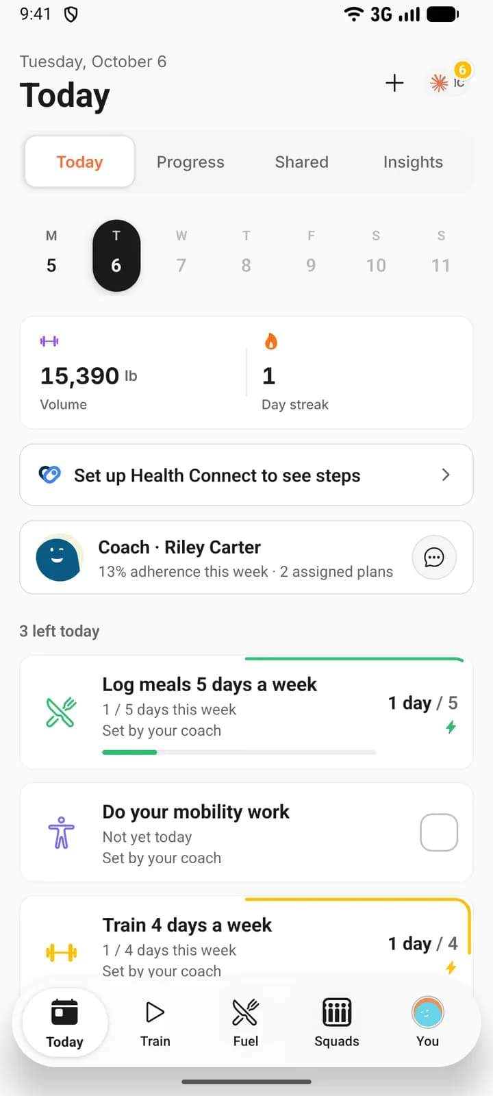 A client’s Today screen on a phone. The Coach · Riley Carter card reads 13% adherence this week · 2 assigned plans, and under 3 left today each goal card says Set by your coach, including a Do your mobility work habit with an empty tick box.