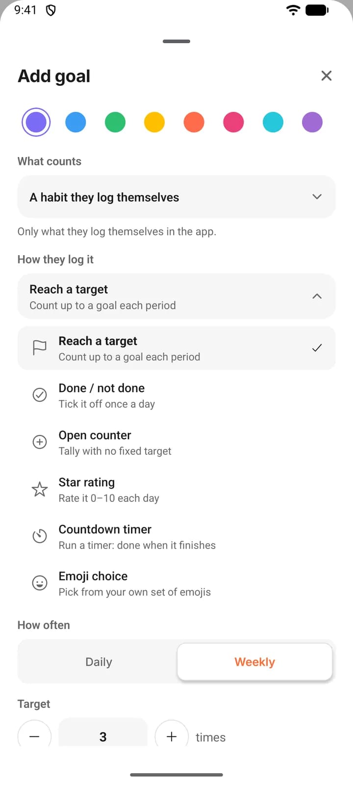 The goal form on a phone with A habit they log themselves chosen and the How they log it picker open on its six check-in types.