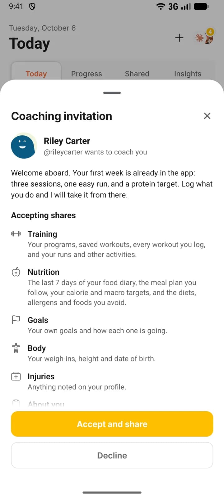 The Coaching invitation sheet a client sees on a phone: the coach’s name and welcome message, the list of what accepting shares, and the Accept and share and Decline buttons.