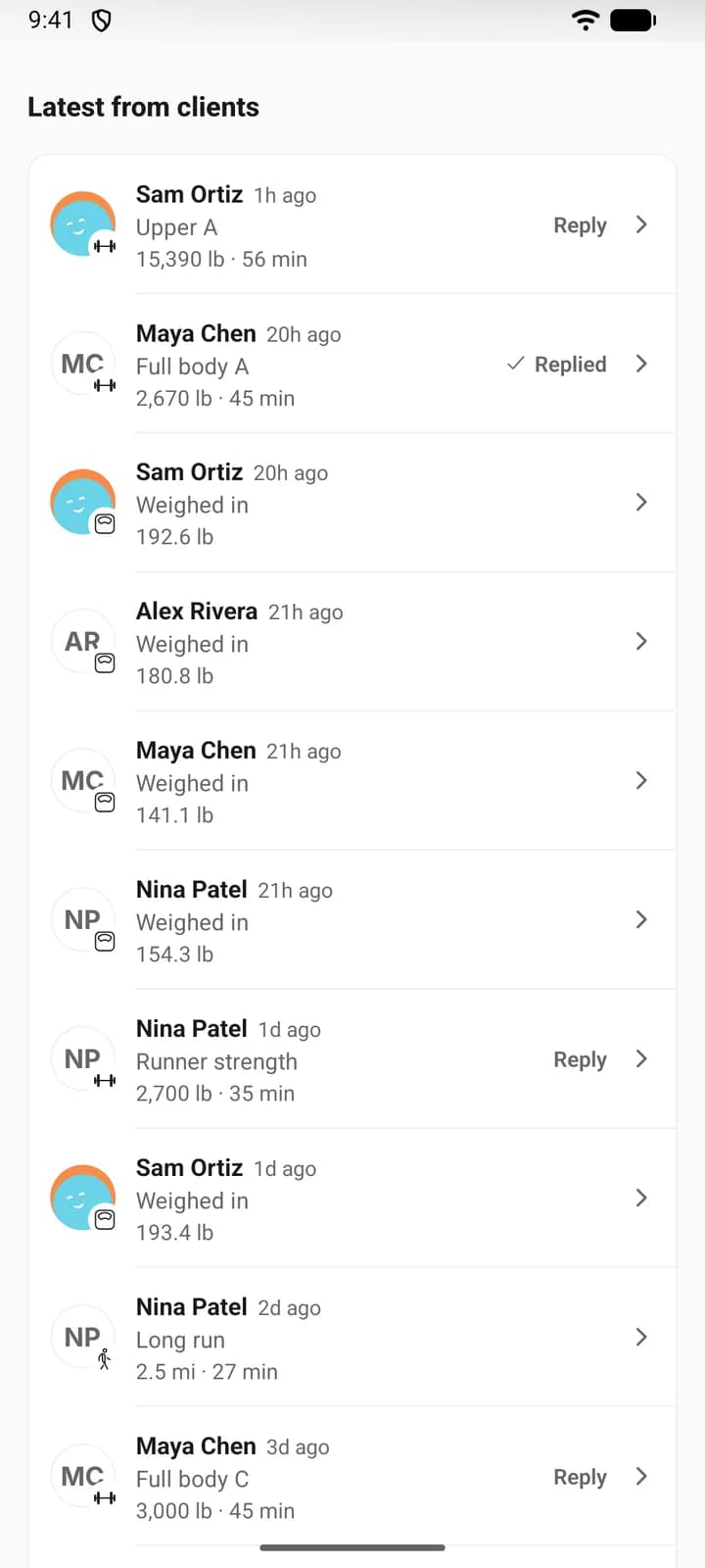 Latest from clients on a phone, listing workouts, weigh-ins and a run, with three finished workouts marked Reply and one marked Replied.