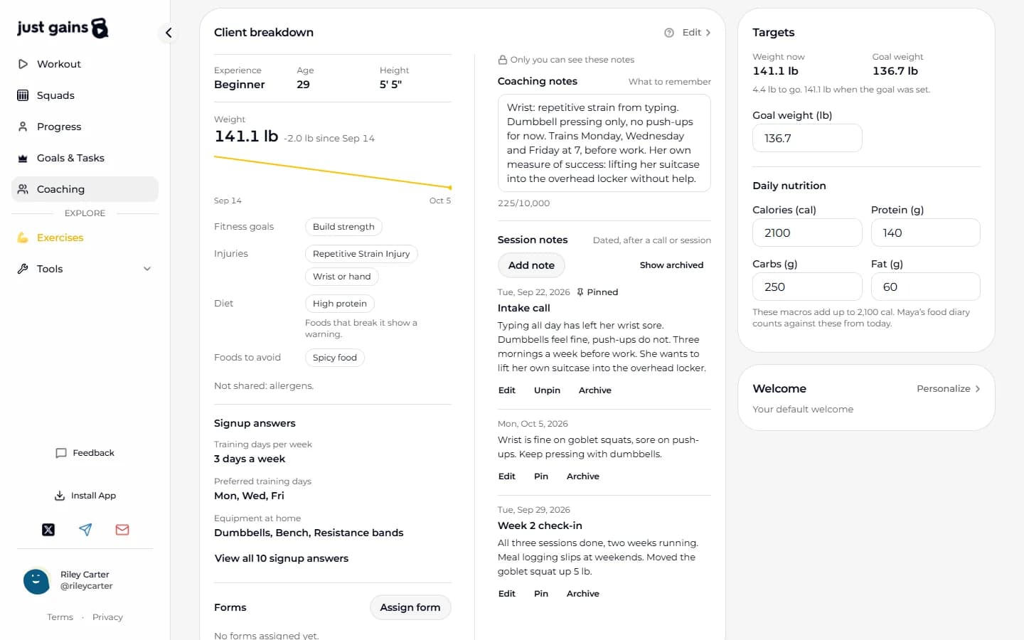 The Client breakdown card for Maya Chen on the web: experience, age and height, her weight trend, fitness goals, injuries, diet and foods to avoid, and a line reading Not shared: allergens.
