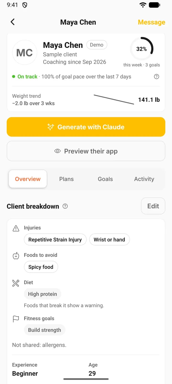 A client’s page on a phone, with Message in the header, Generate with Claude and Preview their app under the name, and the Overview, Plans, Goals and Activity sections.