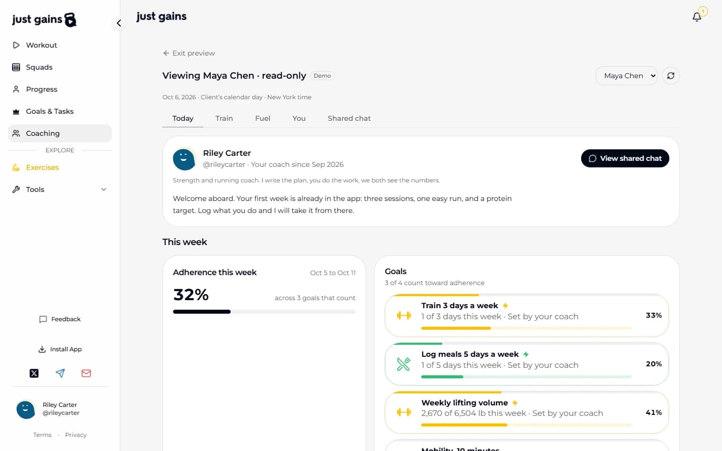 The web preview of Maya Chen’s app, open on Today under a header that reads Viewing Maya Chen, read-only, with tabs for Today, Train, Fuel, You and Shared chat.