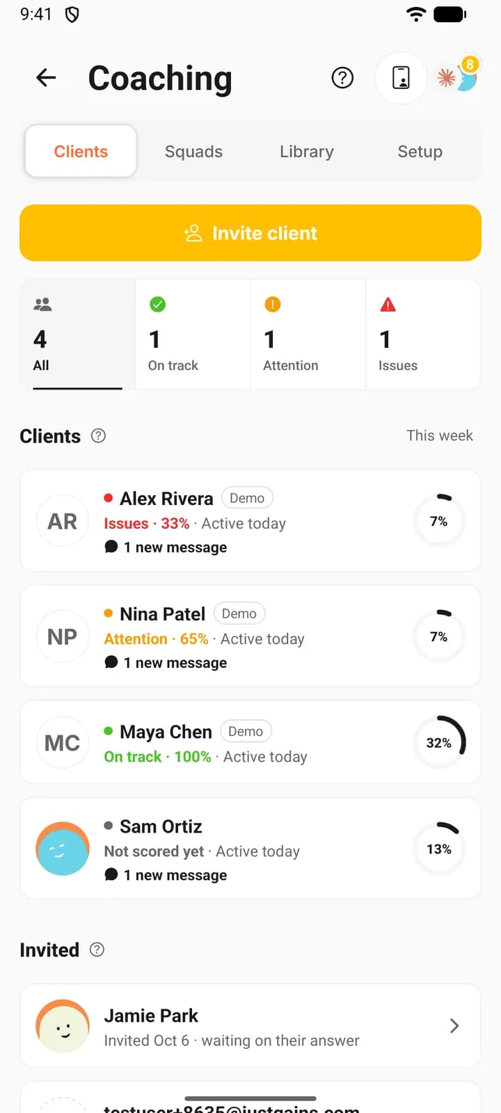 The Clients section on a phone: the On track, Attention and Issues counts, then the roster with Issues first, each row reading a status and its pace such as Issues · 33% with a ring showing the client’s week, and the start of the Invited group.