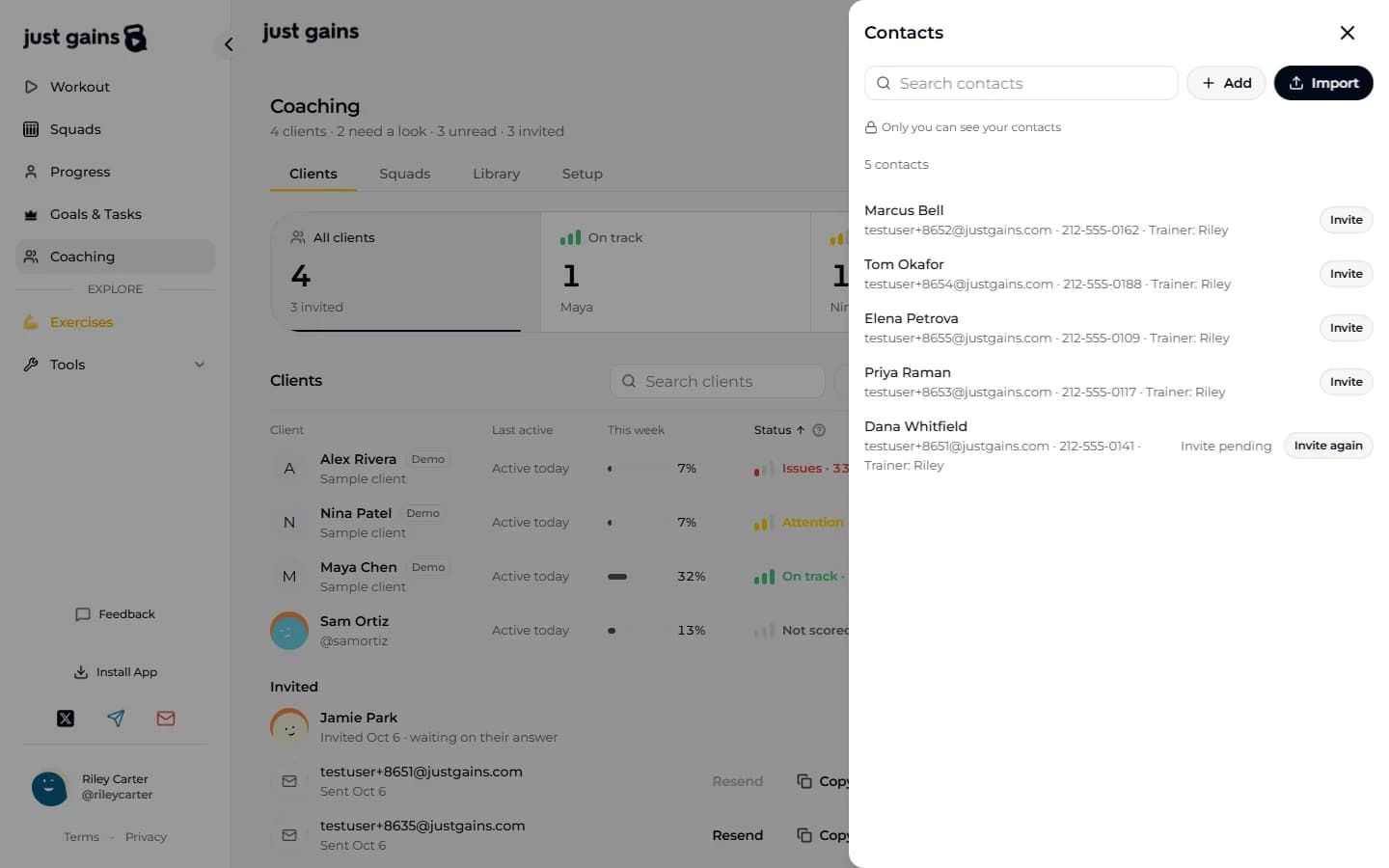 The Contacts drawer on the web listing five contacts, each with a name, an email address, a phone number and Trainer: Riley. Four have an Invite button, and one is marked Invite pending with an Invite again button.