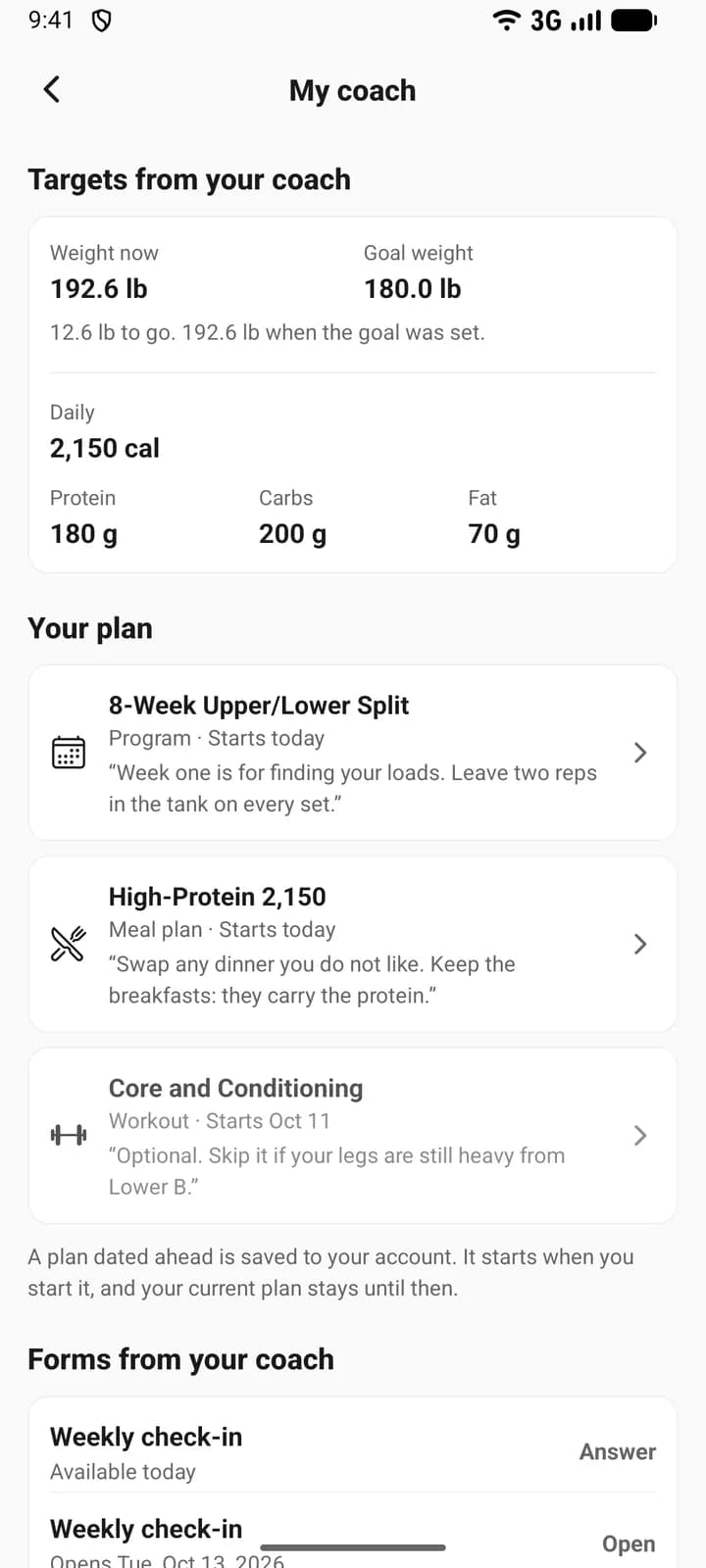 A client’s My coach screen on a phone showing Targets from your coach: weight now, goal weight, and daily calories, protein, carbs and fat.