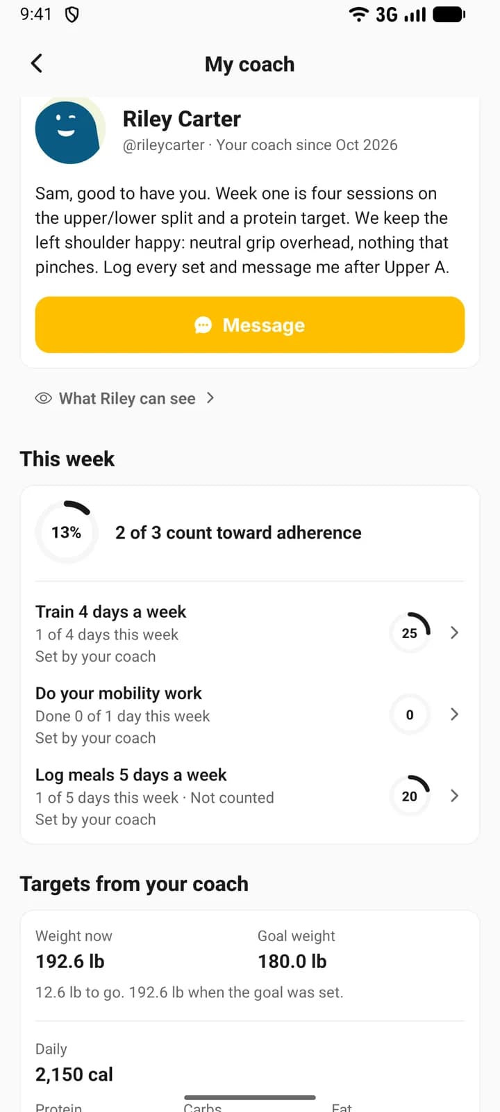 The top of My coach on a client’s phone: the coach’s name, their welcome message and the Message button, with the coach’s goals for the week starting below.