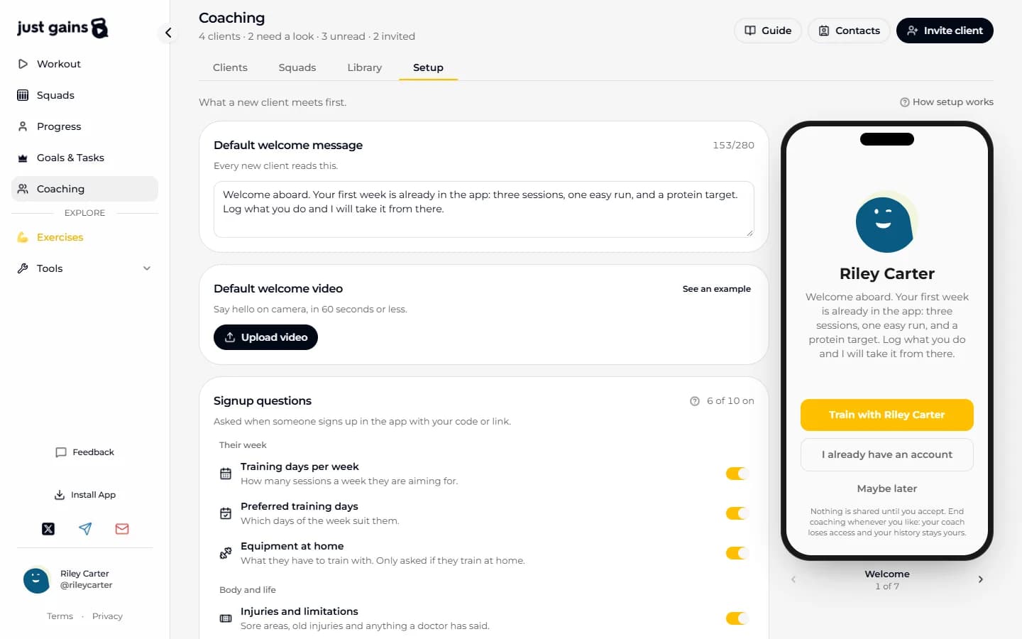 The Setup tab on the web, with the default welcome message and video, the signup questions with their switches, and a phone preview showing the welcome as a client sees it.