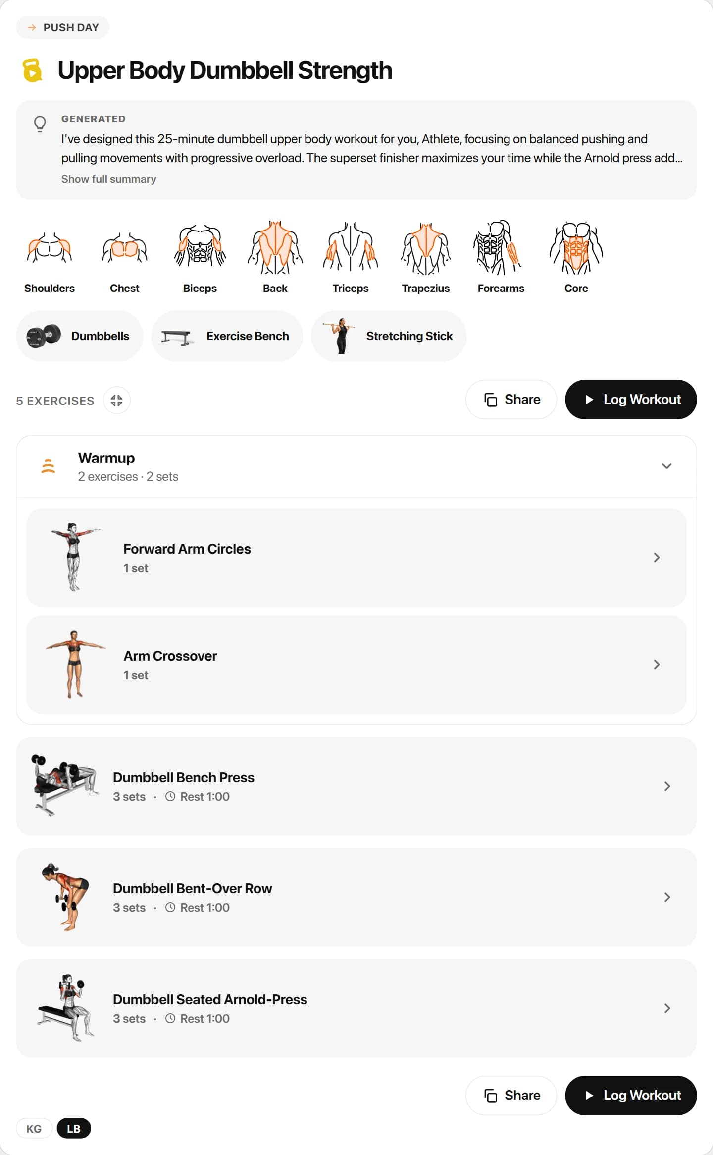 JustGains workout card rendered inside a chat, showing the generated Upper Body Dumbbell Strength workout with highlighted muscle groups, equipment chips, a warmup group, and dumbbell exercises with video thumbnails