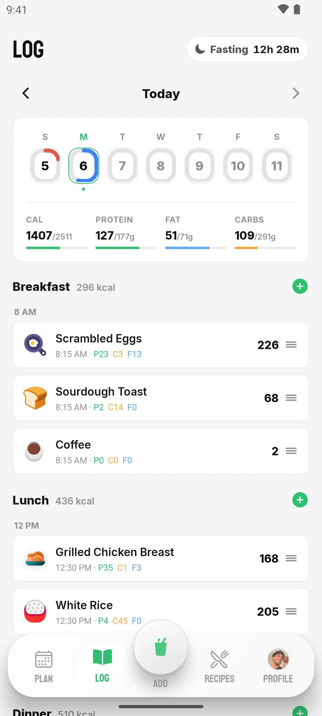 Nutrition workspace food log: meals through the day with macro totals