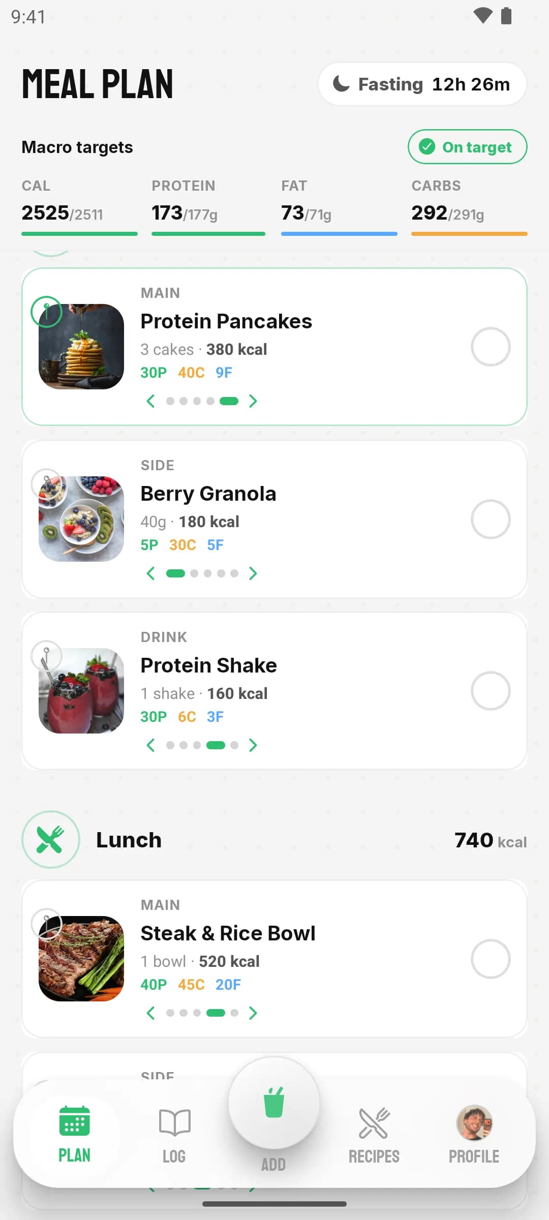 Nutrition Plan tab meal slots: breakfast and lunch foods with swap arrows, pins, and log circles, re-balancing around a pinned food
