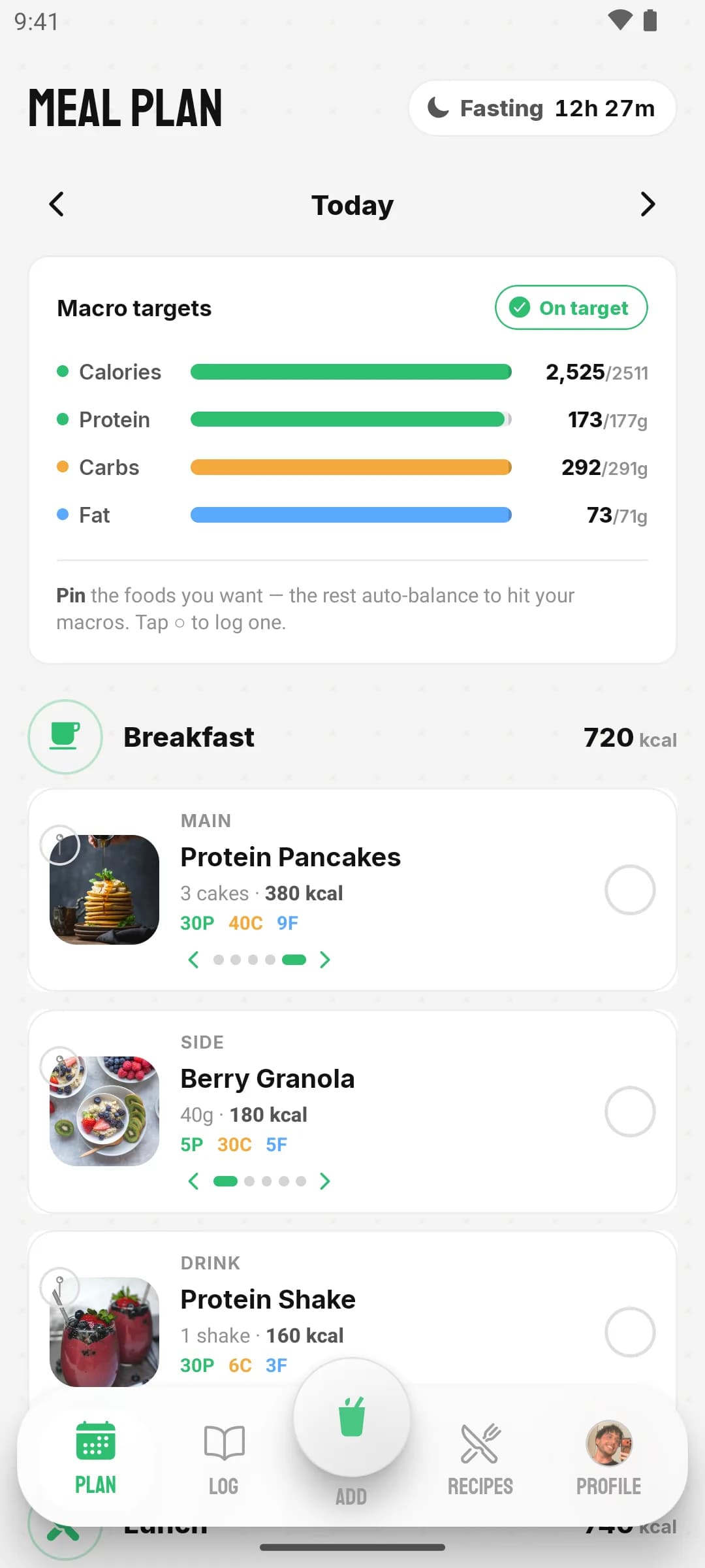 Nutrition workspace Plan tab: macro targets with progress bars and a meal plan of real foods for breakfast, lunch, and dinner, each slot swappable and pinnable