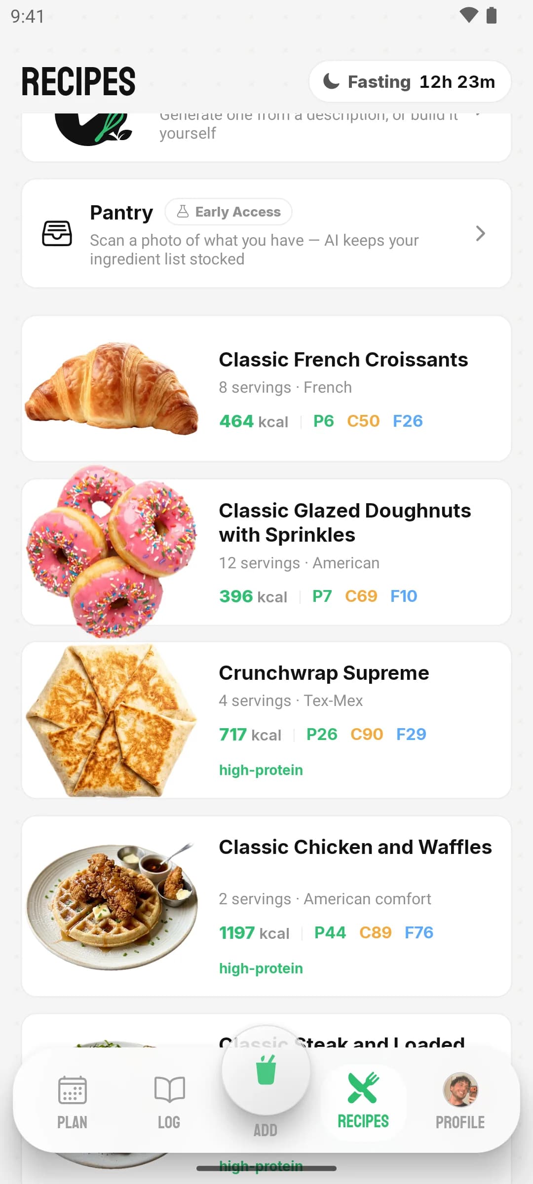 Nutrition Recipes tab: the AI Pantry early-access card and recipe cards with cutout food photos, per-serving calories, macros, and high-protein tags