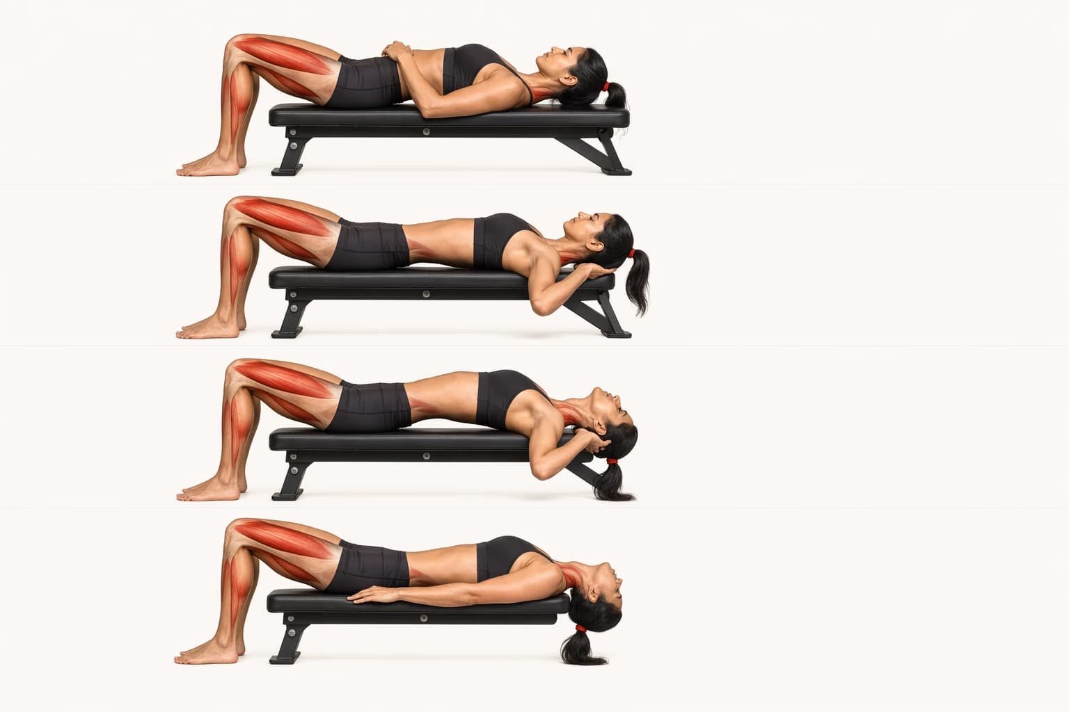 Four-stage anatomical sequence showing a supported lying neck extension over the edge of a bench