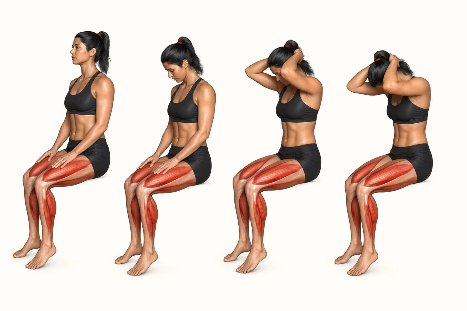 Four-stage anatomical sequence of seated neck flexion with hands resting behind the head