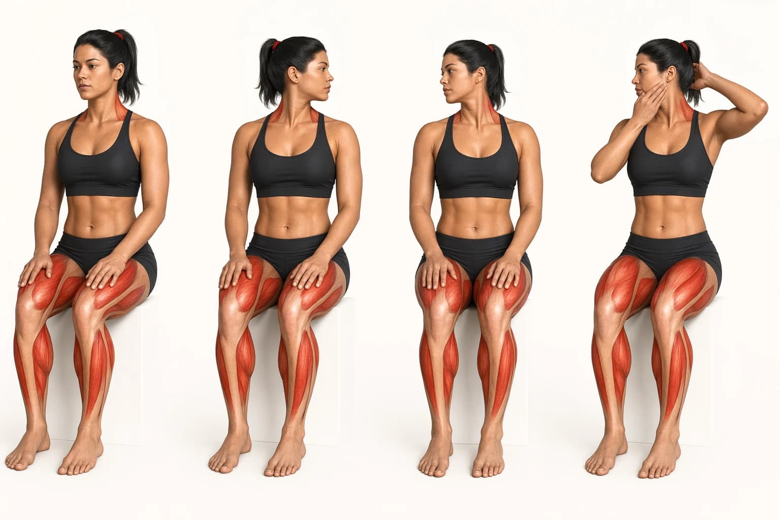 Four-stage anatomical sequence of seated neck rotation to each side with optional gentle hand pressure