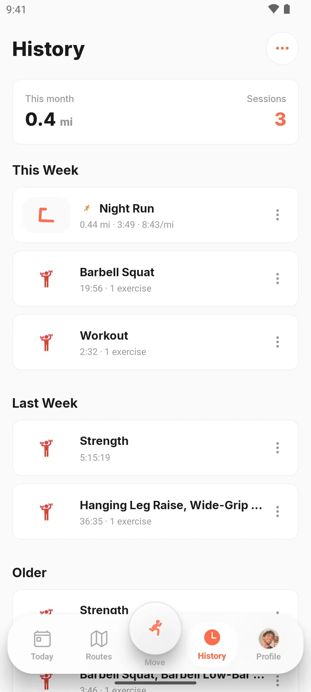 Activity history list showing a GPS run with route thumbnail directly alongside strength workouts