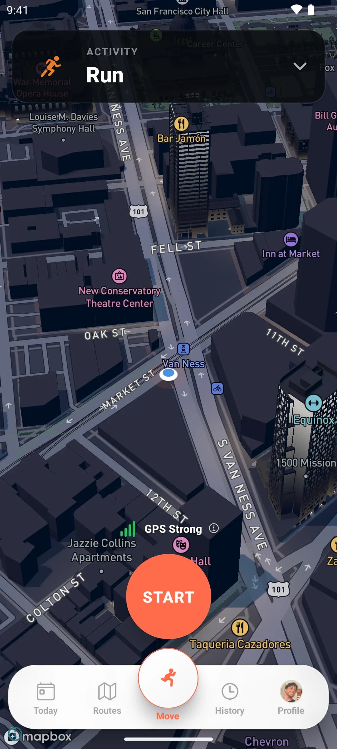 The Activity workspace ready to record: a 3D night map of the city with a GPS Strong indicator and a big coral START button
