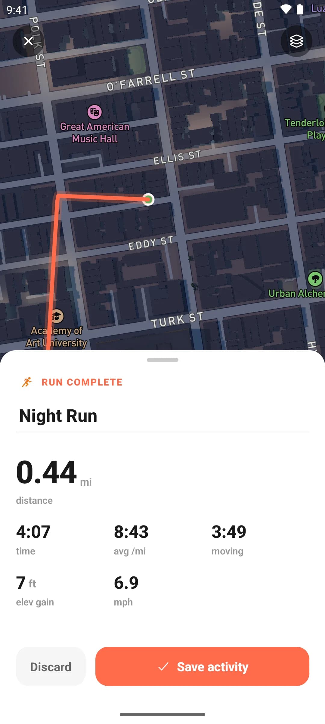Run complete summary: route on the map with distance, time, average pace, moving time, and elevation gain