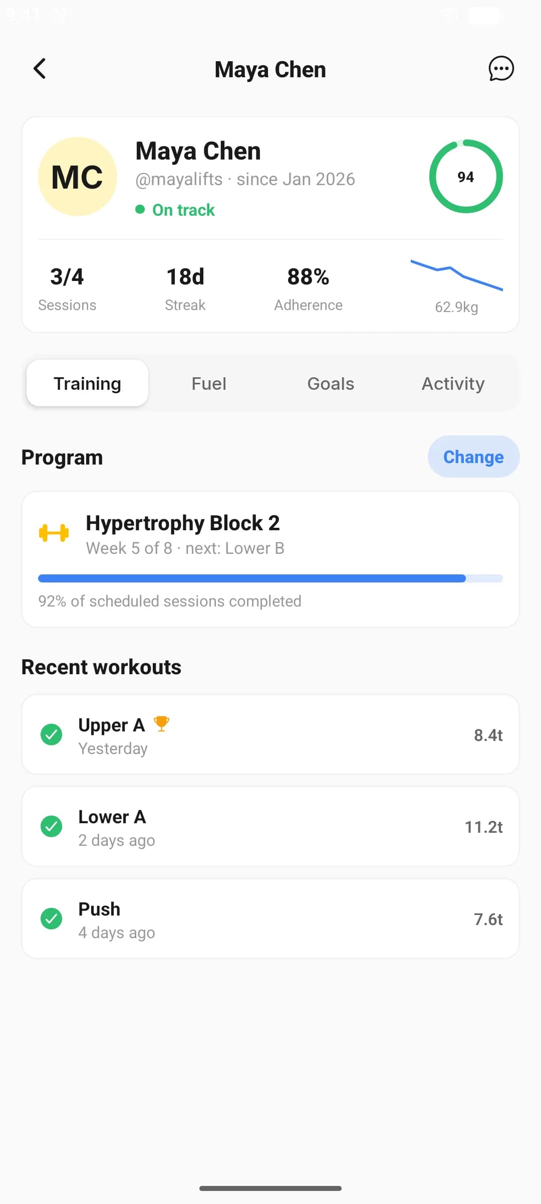 Client detail screen: compliance ring, weight trend, assigned program with adherence, and recent workouts