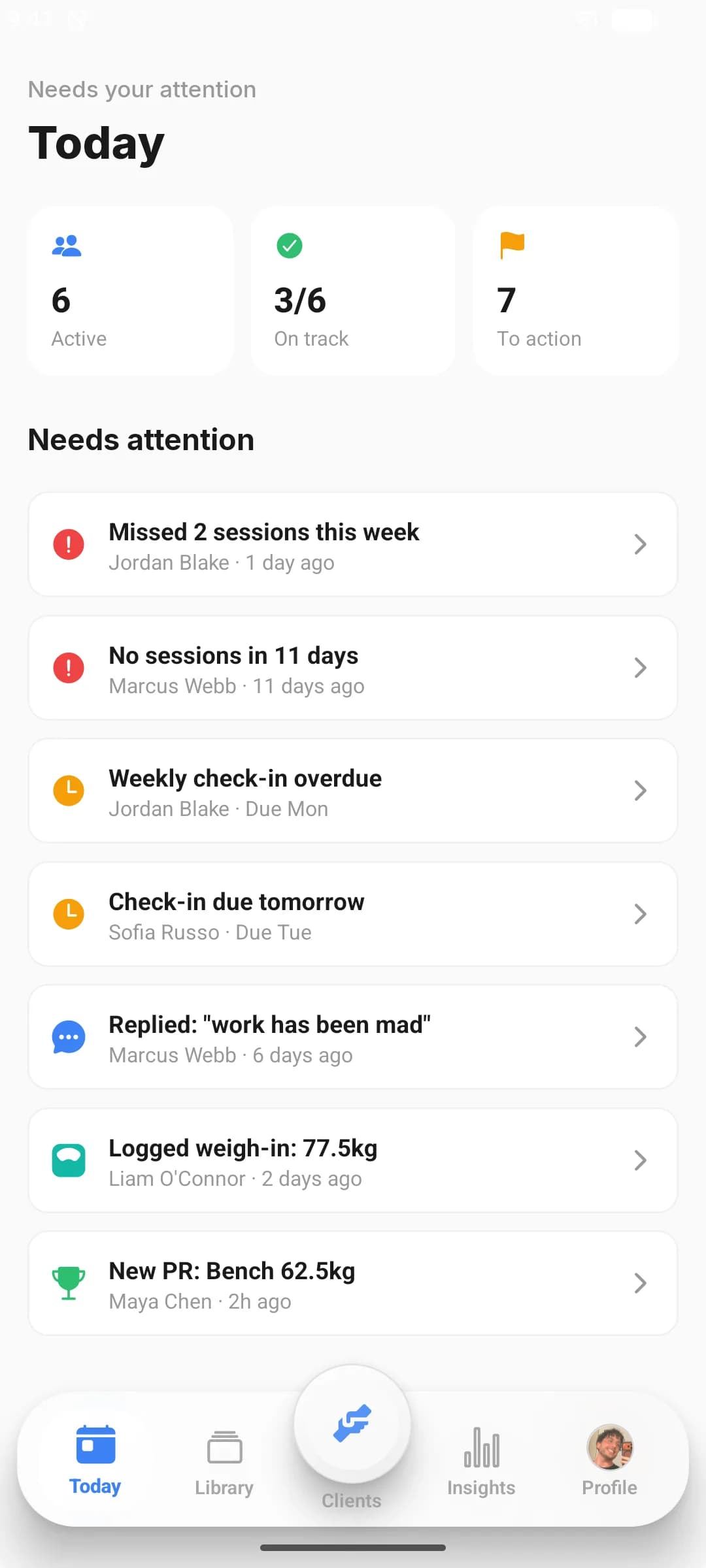 Coaches workspace Today feed: roster stats and needs-attention items like missed sessions, overdue check-ins, and a new PR