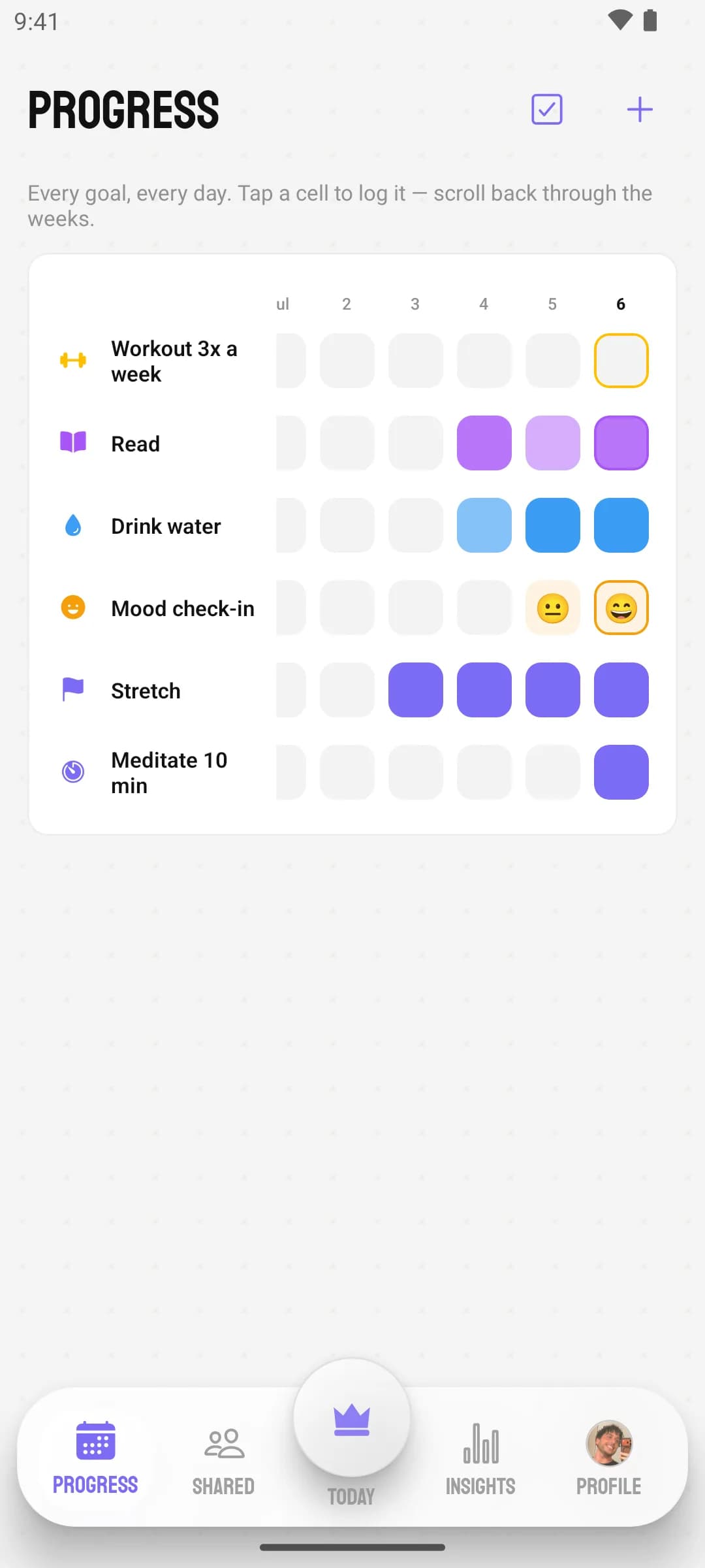 Goals workspace Progress screen: a grid of goals by days showing filled cells for kept days, including an emoji logged for the mood check-in