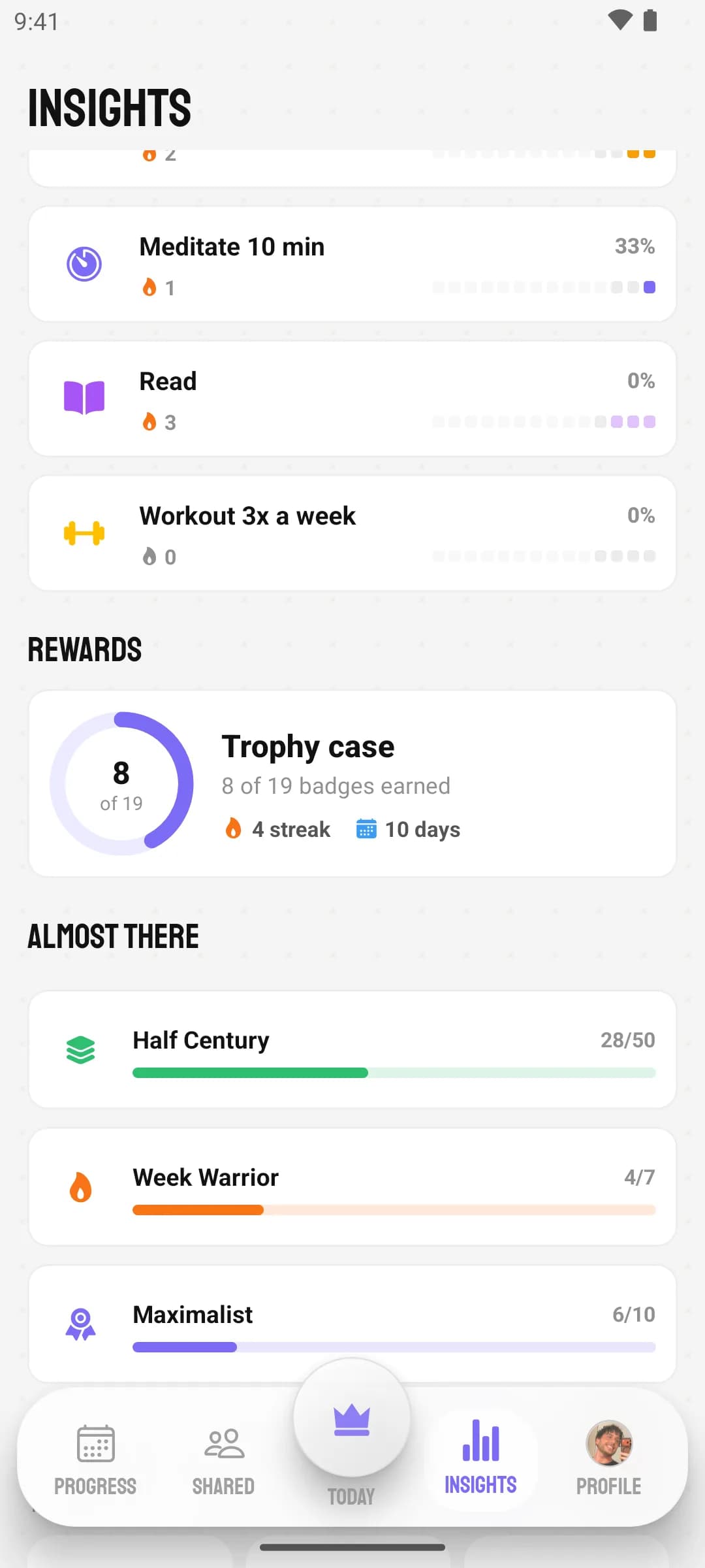 Goals workspace Rewards: a trophy case showing 8 of 19 badges earned and an “Almost there” list with progress toward Half Century, Week Warrior, and Maximalist badges