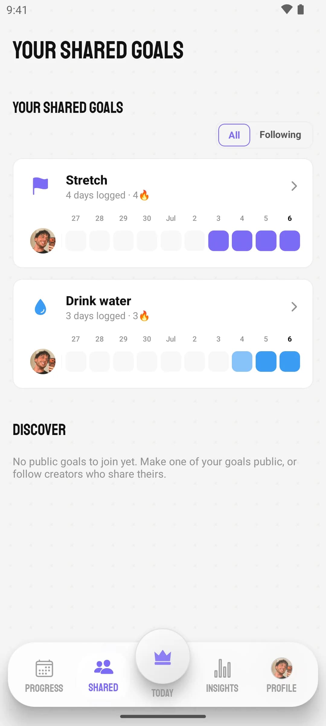 Goals workspace Shared tab: public goals for stretching and water with streak flames and a per-day grid of kept days beside the user’s avatar