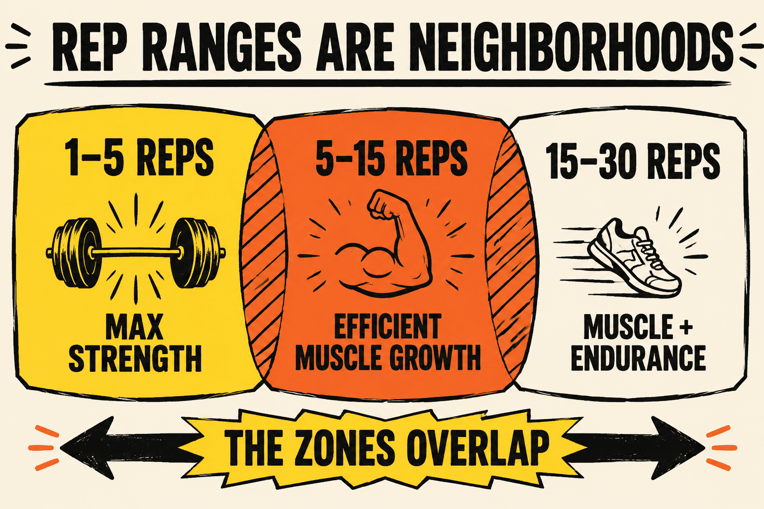 Overlapping rep-range infographic showing one to five reps emphasizing maximal strength, five to fifteen reps emphasizing efficient muscle growth, and fifteen to thirty reps emphasizing muscle and endurance.
