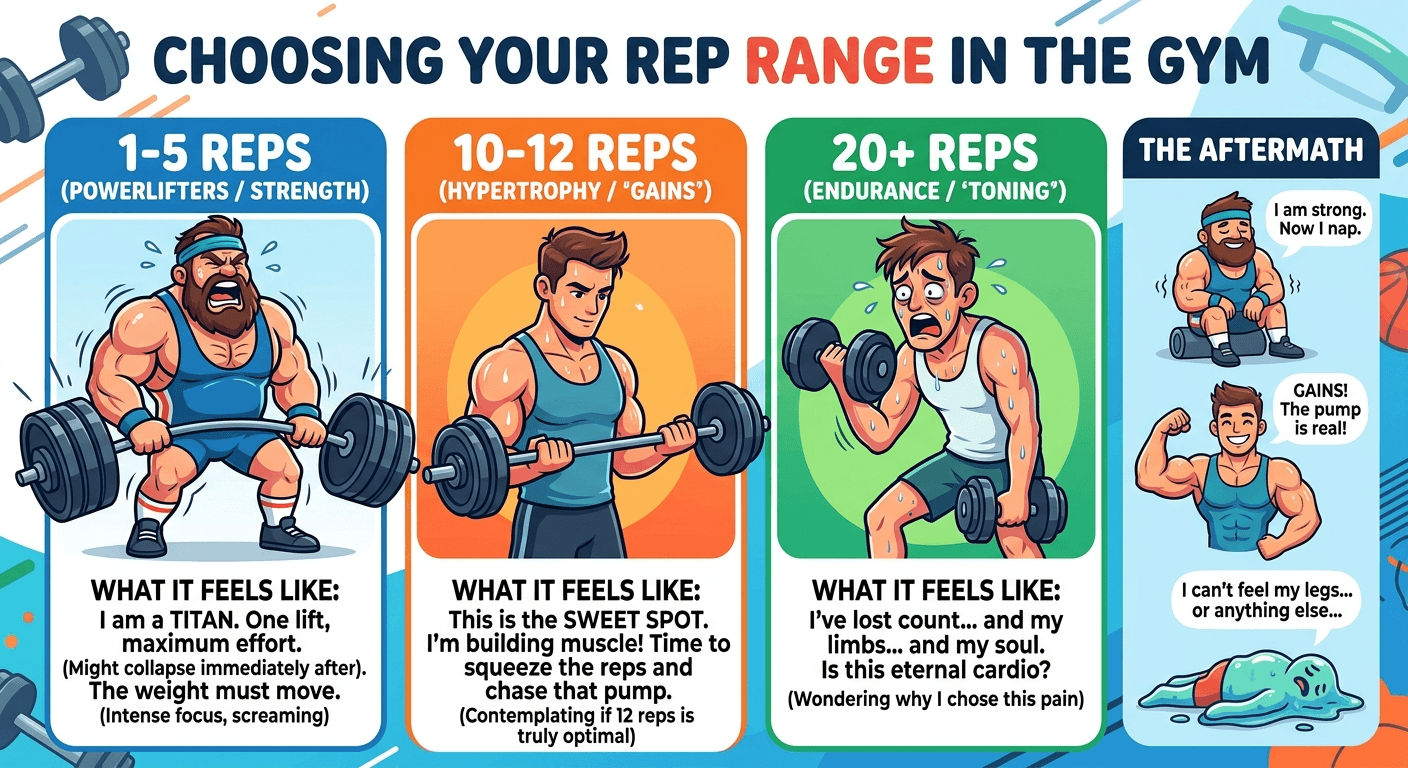 Cartoon infographic titled "Choosing your rep range in the gym": 1-5 reps for powerlifters and strength (one maximal-effort lift), 10-12 reps for hypertrophy and gains (the sweet spot for building muscle), and 20+ reps for endurance and toning (long, burning sets).